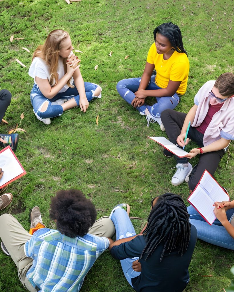 Diverse group of young adults sit in a circle on the grass, engaged in conversation.